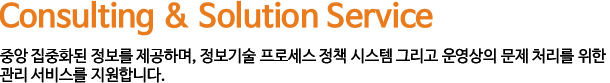 Consulting & Solution Service - 중앙 집중화된 정보를 제공하며, 정보기술 프로세스 정책 시스템 그리고 운영상의 문제 처리를 위한 관리 서비스를 지원합니다.